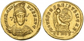 Arcadius (383-408), solidus, Constantinople, 402, D N ARCADIVS P F AVG, helmeted bust facing with spear and shield, rev., NOVA SPES REIPVBLICAE, Victo...