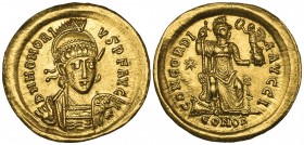 Honorius (393-423), solidus, Constantinople, c. 402-403, D N HONORIVS P F AVG, helmeted bust facing three-quarters right, rev., CONCORDIA AVGG I, Cons...