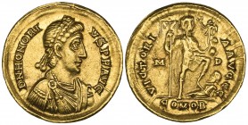 Honorius (393-423), solidus, Milan, c. 395-423, D N HONORIVS P F AVG, diademed, draped and cuirassed bust right, rev., VICTORIA AVGGG, emperor standin...