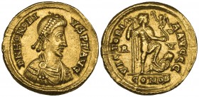 Honorius (393-423), solidus, Ravenna, 402-423, D N HONORIVS P F AVG, diademed, draped and cuirassed bust right, rev., VICTORIA AVGGG, emperor standing...
