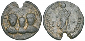Honorius with Theodosius I and Arcadius, bronze exagium solidi weight, Constantinople, 393-395, DDD NNN A[AA]VVVGGG, facing bust of Honorius flanked b...