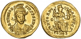 Theodosius II (402-450), solidus, Constantinople, 408-430, D N THEODOSIVS P F AVG, helmeted bust facing three-quarters right, rev., CONCORDIA AVGG Γ, ...