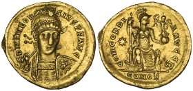 Theodosius II (402-450), solidus, Constantinople, 408-430, D N THEODOSIVS P F AVG, helmeted bust facing three-quarters right, rev., CONCORDIA AVGG B C...
