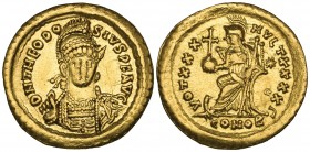 Theodosius II (402-450), solidus, Constantinople, 430-440, D N THEODOSIVS P F AVG, helmeted bust facing three-quarters right, rev., VOT XXX MVLT XXXX ...