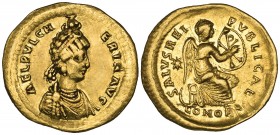 Pulcheria, sister of Theodosius II, solidus, Constantinople, 414, AEL PVLCHERIA AVG, diademed bust right with Manus Dei above, rev., SALVS REIPVBLICAE...