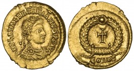 Valentinian III (425-455), tremissis, Rome, 440-455, D N PLA VALENTINIANVS P F AVG, diademed bust right, rev., cross in wreath, 1.50g (RIC 2064; Depey...