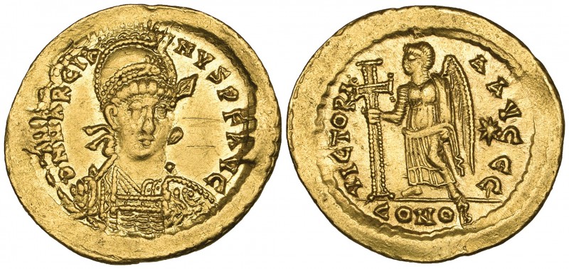 Marcian (450-457), solidus, Constantinople, D N MARCIANVS P F AVG helmeted bust ...