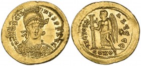 Marcian (450-457), solidus, Constantinople, D N MARCIANVS P F AVG helmeted bust facing three-quarters right, rev., VICTORIA AVGGG, Victory standing le...