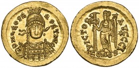 Leo I (457-474), solidus, Constantinople, D N LEO PERPET AVG, helmeted bust facing three-quarters right, rev., VICTORIA AVGGG I, Victory standing left...