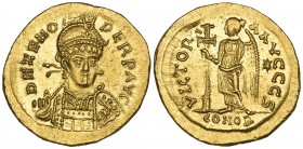 Zeno (474-491), solidus, Constantinople, D N ZENO PERP AVG, helmeted bust facing threequarters right, rev., VICTORIA AVGGG S, Victory standing left ho...