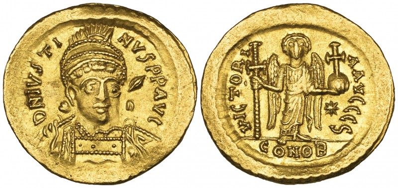 Justin I (518-527), solidus, Constantinople, facing bust, rev., angel standing f...