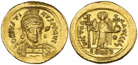 Justin I (518-527), solidus, Constantinople, facing bust, rev., angel standing facing holding long cross and globus cruciger; officina S, 4.46g (DO 2;...