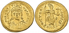 Justin II (565-578), solidus, Constantinople, facing bust, rev., Constantinopolis seated facing; officina S, 4.49g (DO 4; S. 345; MIB 4), a few faint ...