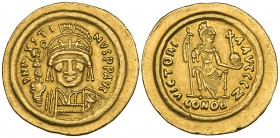 Justin II (565-578), solidus, Ravenna, c. 575-578, D N IVSTINVS P P AVG, facing bust holding globe surmounted by Victory, rev., VICTORIA AVGGG Z, Cons...