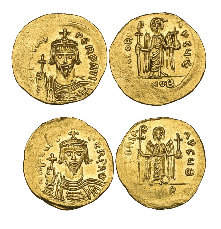 Phocas (602-610), solidi (2), Constantinople, facing bust, rev., angel; officina...