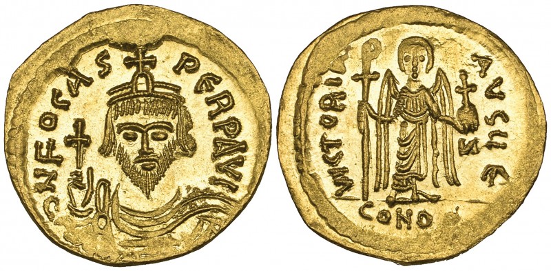 Phocas (602-610), solidus, Constantinople, facing bust, rev., angel; officina E;...