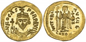 Phocas (602-610), solidus, Constantinople, facing bust, rev., angel; officina E; in right field, retrograde N, 4.44g (DO 11; S. 621; MIB 10), virtuall...