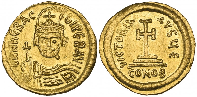 Heraclius (610-641), solidus, Constantinople, facing bust, rev., cross potent on...