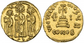 Heraclius (610-641), solidus, Constantinople, standing figures of Heraclius between Heraclius Constantine and Heraclonas, rev., cross potent on three ...