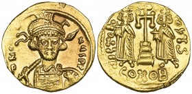 Constantine IV (668-685), solidus, Constantinople, helmeted bust facing with spear and shield, rev., cross on steps flanked by Heraclius and Tiberius;...