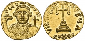 Leontius (695-698), solidus, Constantinople, D LEON PE AV, facing bust holding akakia and globus cruciger, rev., VICTORIA AVGU, cross potent on three ...