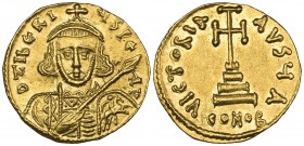 Tiberius III (698-705), solidus, Constantinople, facing bust with spear and shield, rev., cross potent on three steps; officina A, 4.43g (DO 1; S. 136...
