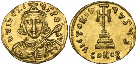 Tiberius III (698-705), solidus, Constantinople, facing bust with spear and shield, rev., cross potent on three steps; officina S, 4.40g (DO 1; S. 136...