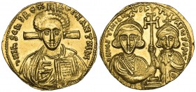 Justinian II, 2nd reign (700-711), solidus, Constantinople, bust of Christ facing with cross behind head, holding book of Gospels and raising right ha...