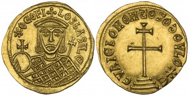 Theophilus (829-842), solidus, Constantinople, 829-830, * ΘEOFILOS bASILE’, facing bust holding globus cruciger and cruciform sceptre, rev., CVRIE bOH...