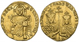 Basil I (867-886), solidus, Constantinople, Christ enthroned facing, rev., facing busts of Basil and Constantine holding patriarchal cross between the...