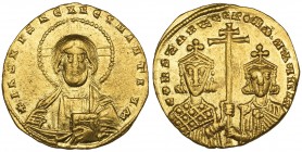 Constantine VII and Romanus II (945-959), solidus, Constantinople, Christ Pantokrator, rev., busts of Constantine and Romanus holding patriarchal cros...