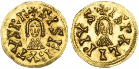 Visigoths, Sisebut (612-621), tremissis, Ispali (Seville), SISEBVTVS RE, facing bust, rev., ISPALI PIVS, facing bust, 1.46g (Pliego 275d; Miles 187f),...