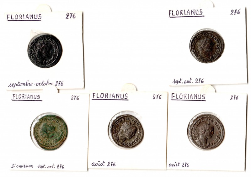 Florianus (276), specialist group of antoniniani (5), Lyon mint, comprising rev....