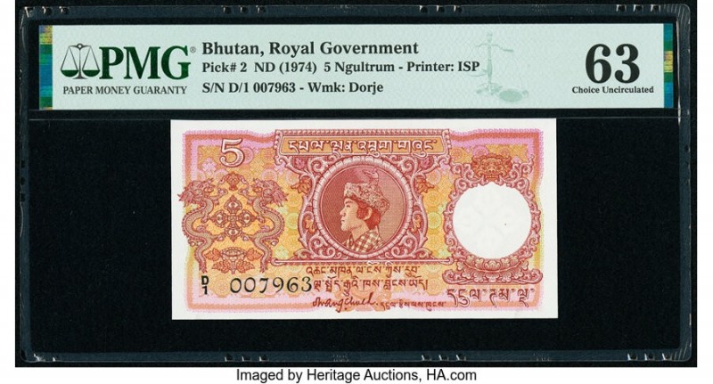 Bhutan Royal Government 5 Ngultrum ND (1974) Pick 2 PMG Choice Uncirculated 63. ...