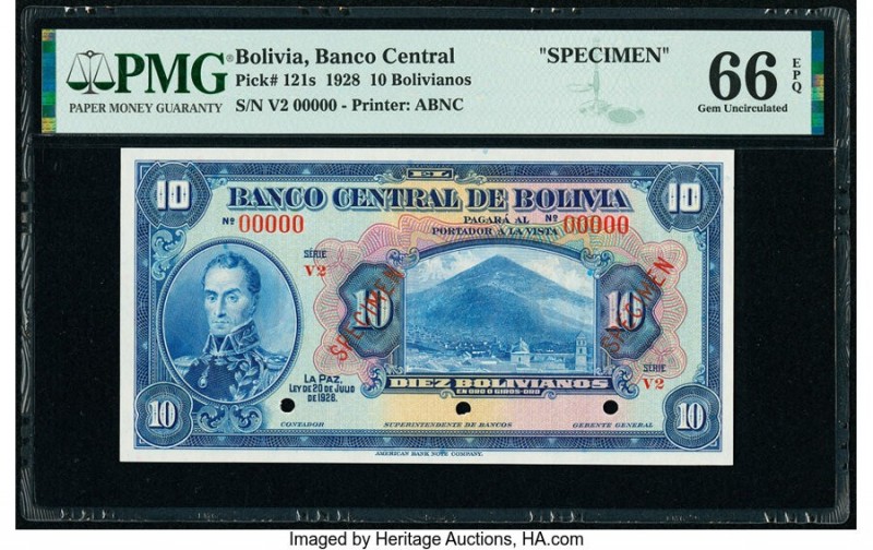 Bolivia Banco Central 10 Bolivianos 1928 Pick 121s Specimen PMG Gem Uncirculated...