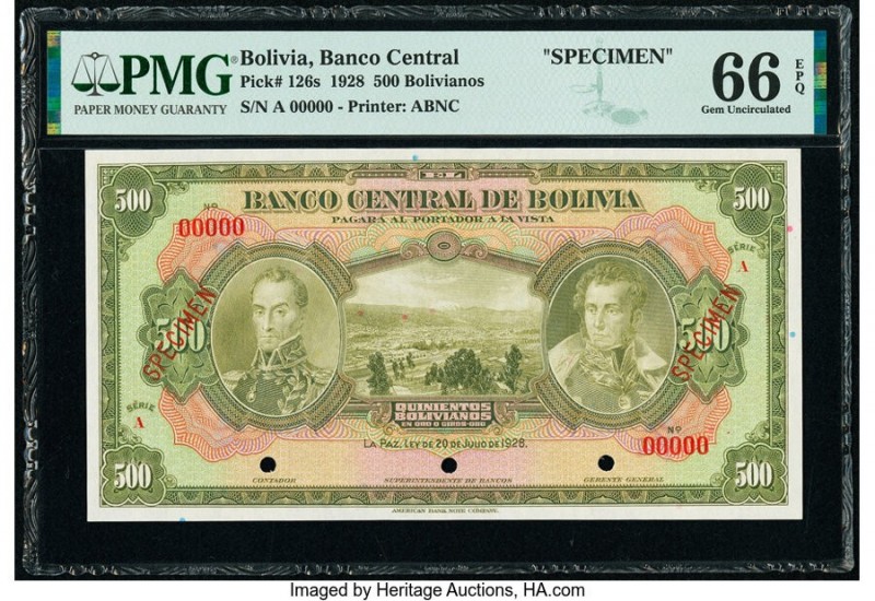 Bolivia Banco Central 500 Bolivianos 20.7.1928 Pick 126s Specimen PMG Gem Uncirc...