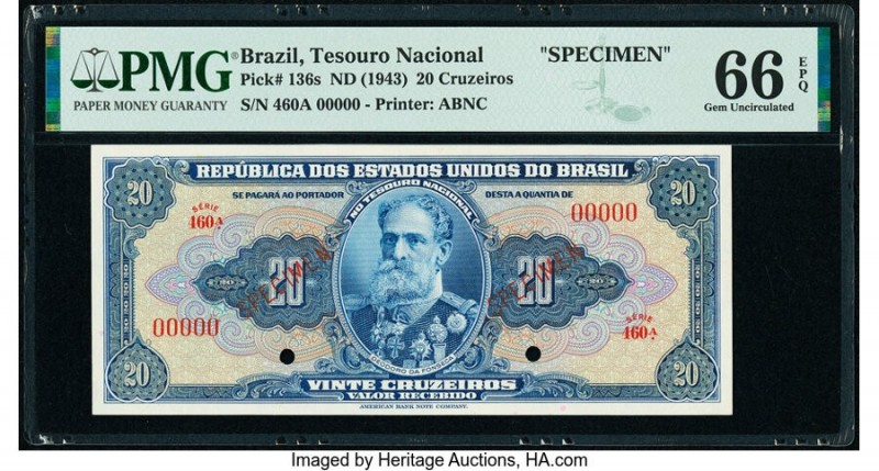 Brazil Tesouro Nacional 20 Cruzeiros ND (1943) Pick 136s Specimen PMG Gem Uncirc...