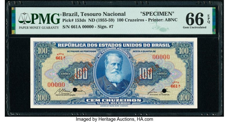 Brazil Tesouro Nacional 100 Cruzeiros ND (1955-59) Pick 153ds Specimen PMG Gem U...