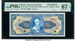 Brazil Tesouro Nacional 1000 Cruzeiros ND (1953-59) Pick 156s2 Specimen PMG Superb Gem Unc 67 EPQ. Red Specimen overprints; two POCs.

HID09801242017
...