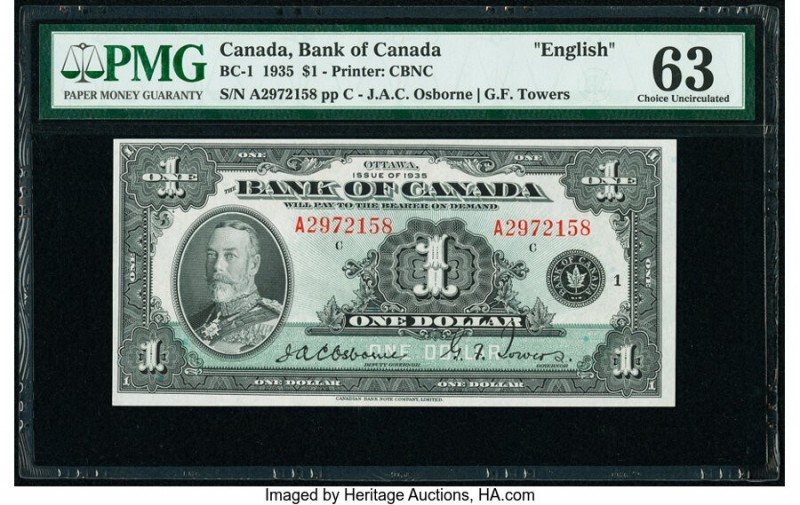 Canada Bank of Canada $1 1935 Pick 38 BC-1 "English" PMG Choice Uncirculated 63....