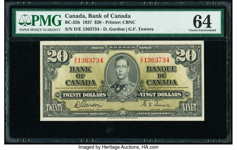 Canada Bank of Canada $20 2.1.1937 Pick 62b BC-25b PMG Choice Uncirculated 64. 
...