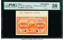 China Provincial Bank of Kwangtung Province 50 Cents 1922 Pick S2408s S/M#K55-31 Specimen PMG Choice About Unc 58. Cancelled with 2 punch holes. 

HID...
