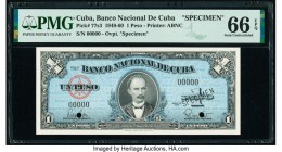 Cuba Banco Nacional de Cuba 1 Peso 1960 Pick 77s3 Specimen PMG Gem Uncirculated 66 EPQ. Black Specimen overprint; two POCs.

HID09801242017

© 2020 He...
