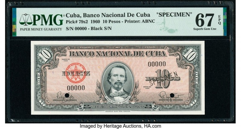 Cuba Banco Nacional de Cuba 10 Pesos 1960 Pick 79s2 Specimen PMG Superb Gem Unc ...