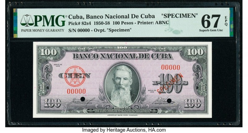 Cuba Banco Nacional de Cuba 100 Pesos 1958 Pick 82s4 Specimen PMG Superb Gem Unc...