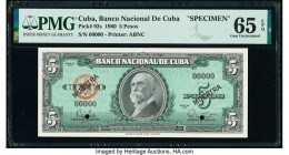 Cuba Banco Nacional de Cuba 5 Pesos 1960 Pick 92s Specimen PMG Gem Uncirculated 65 EPQ. Black Muestra overprints; two POCs.

HID09801242017

© 2020 He...