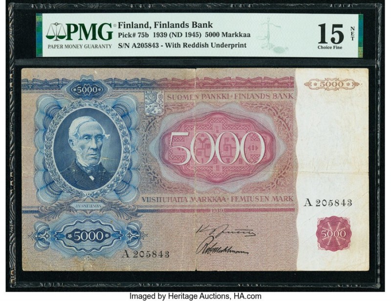 Finland Finlands Bank 5000 Markkaa 1939 (ND 1945) Pick 75b PMG Choice Fine 15 Ne...