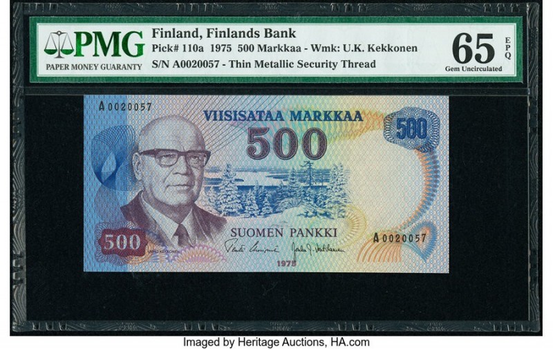 Finland Finlands Bank 500 Markkaa 1975 Pick 110a PMG Gem Uncirculated 65 EPQ. 

...