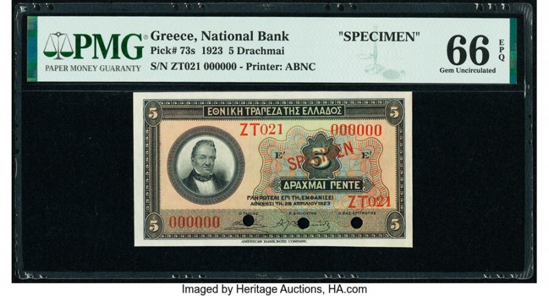 Greece National Bank of Greece 5 Drachmai 1923 Pick 73s Specimen PMG Gem Uncircu...