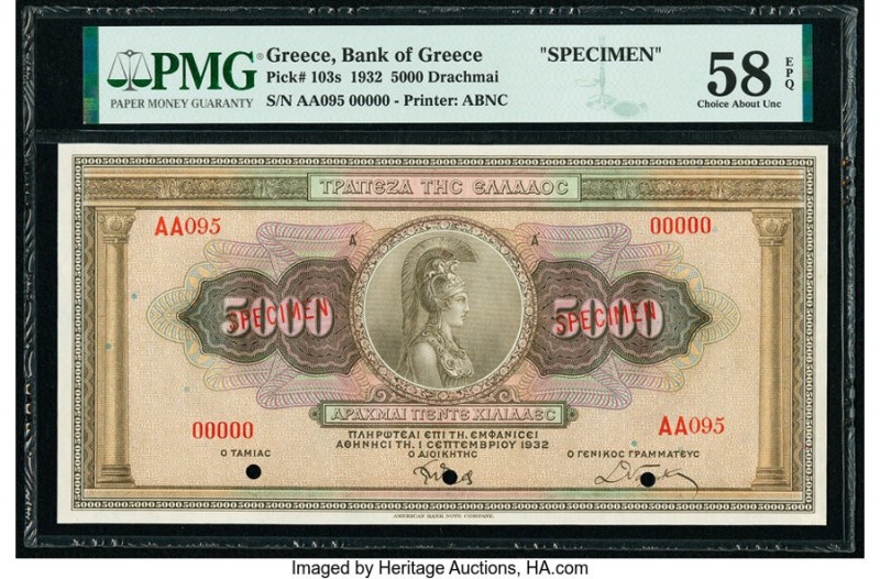 Greece Bank of Greece 5000 Drachmai 1932 Pick 103s Specimen PMG Choice About Unc...